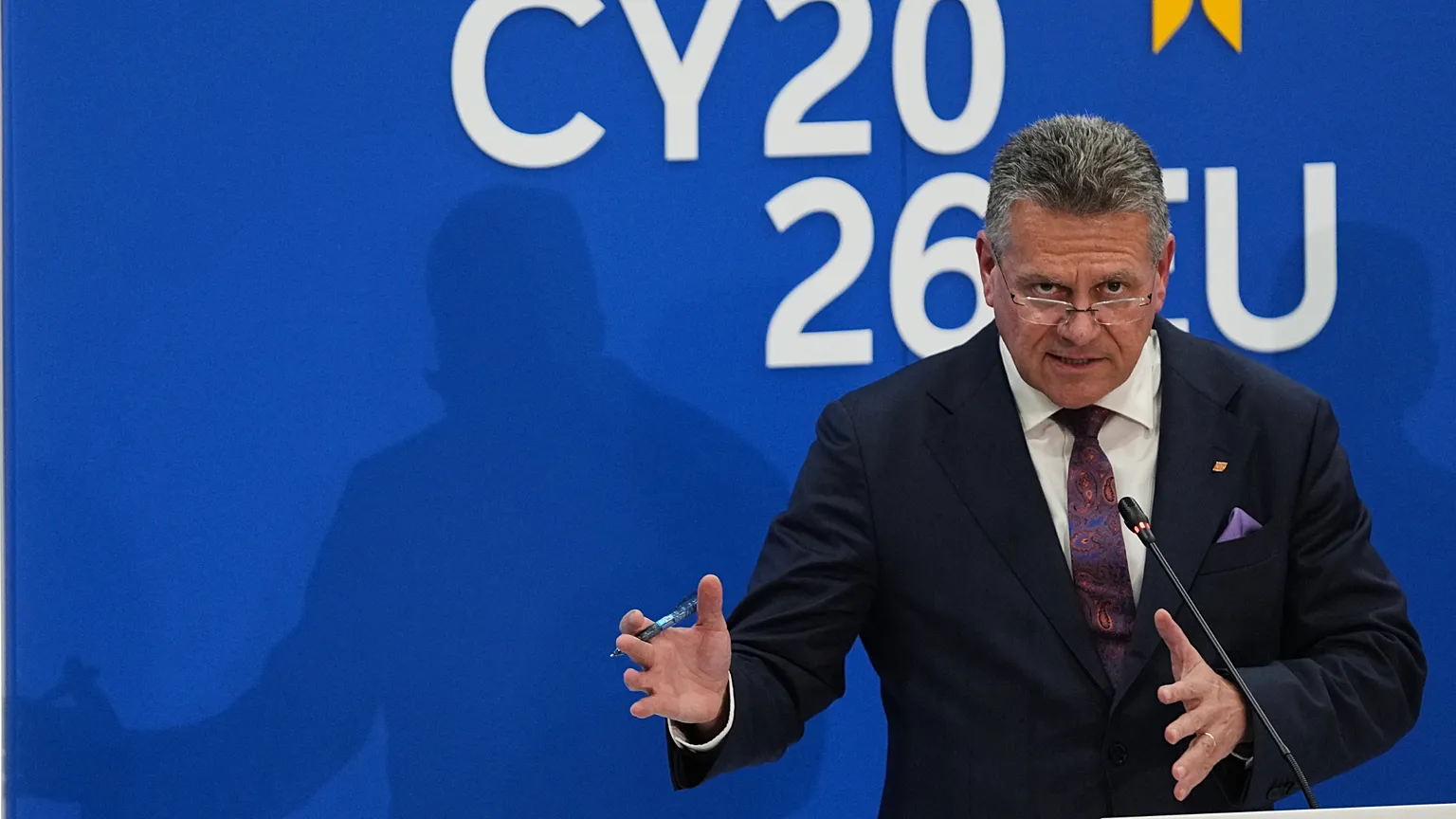 EU Commissioner for Trade and Economic Security Maros Sefcovic speaks during a press conference following the Informal Meeting of Trade Ministers Feb. 20, 2026.