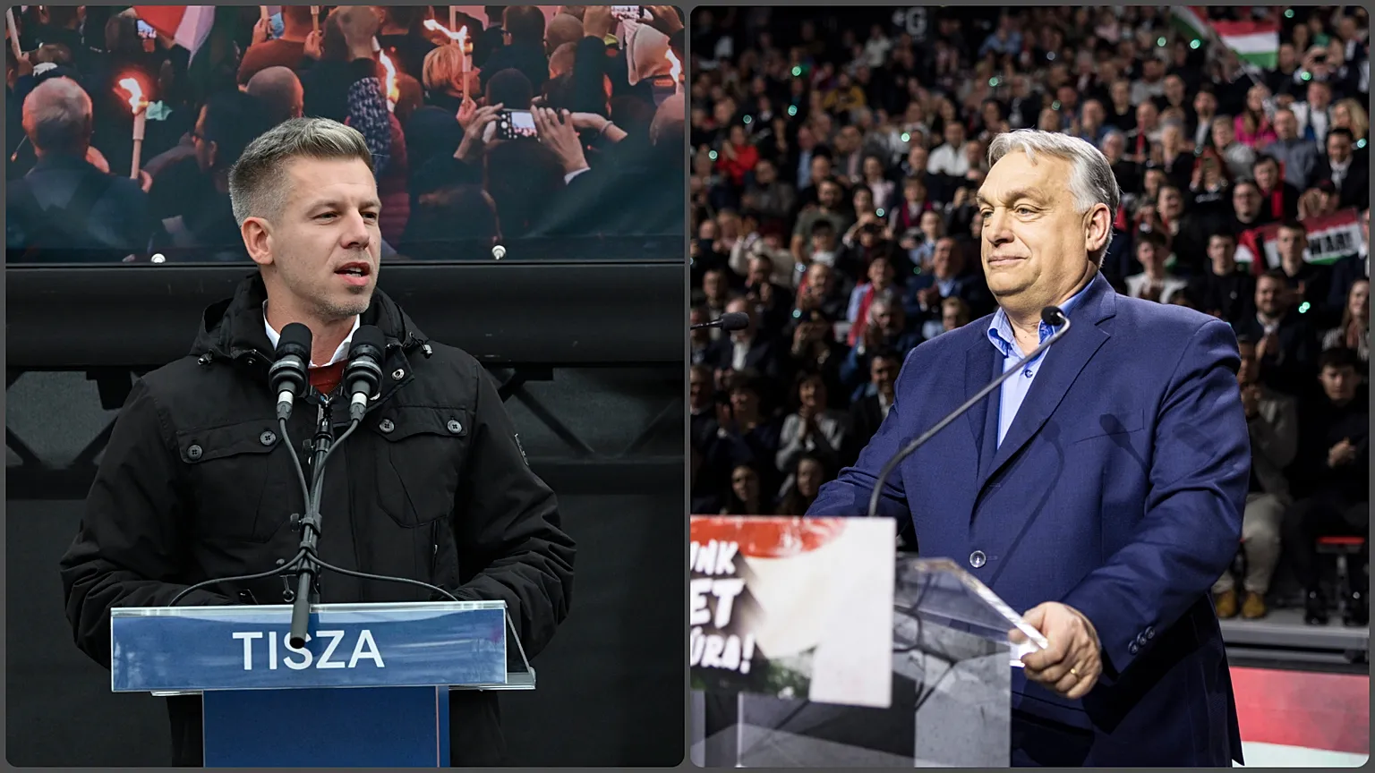 Tisza Party leader Péter Magyar, and Prime MInister Viktor Orbán talking at campaign rallies in Hungary. 
