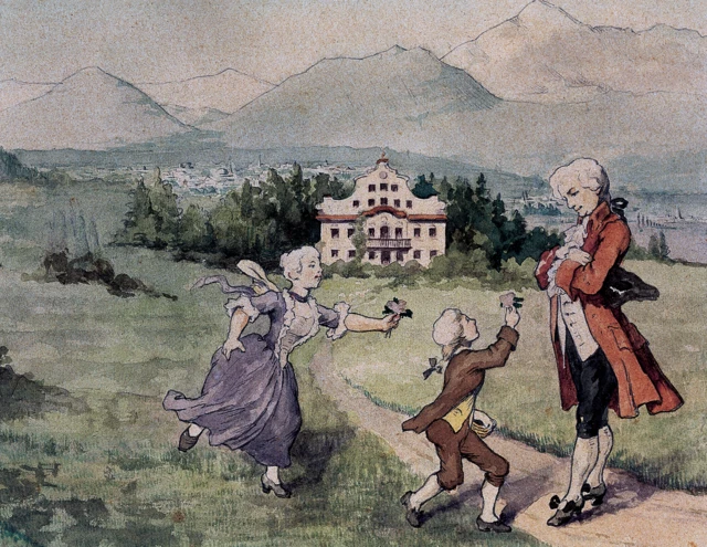 Nannerl y Wolfgang corriendo por un prado, le llevan flores a su padre, quien los ve parado. Nannerl lleva un vestido azul largo y Wolfgang una traje marrón. El padre tiene un chaqueta larga roja. Al fondo se ve una casa.