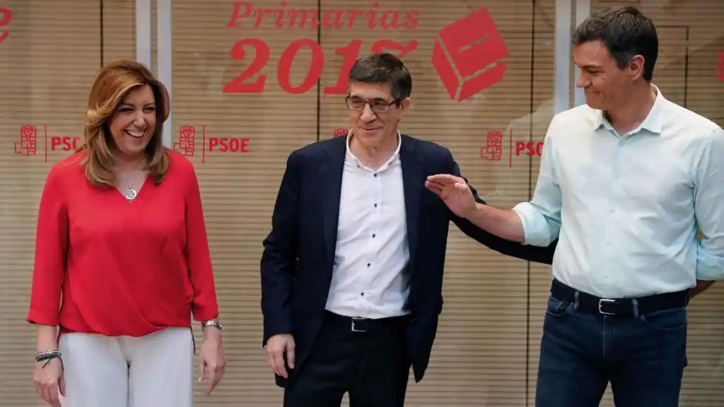 Susana Díaz, Patxi López y Pedro Sánchez, durante las primarias del PSOE en 2017