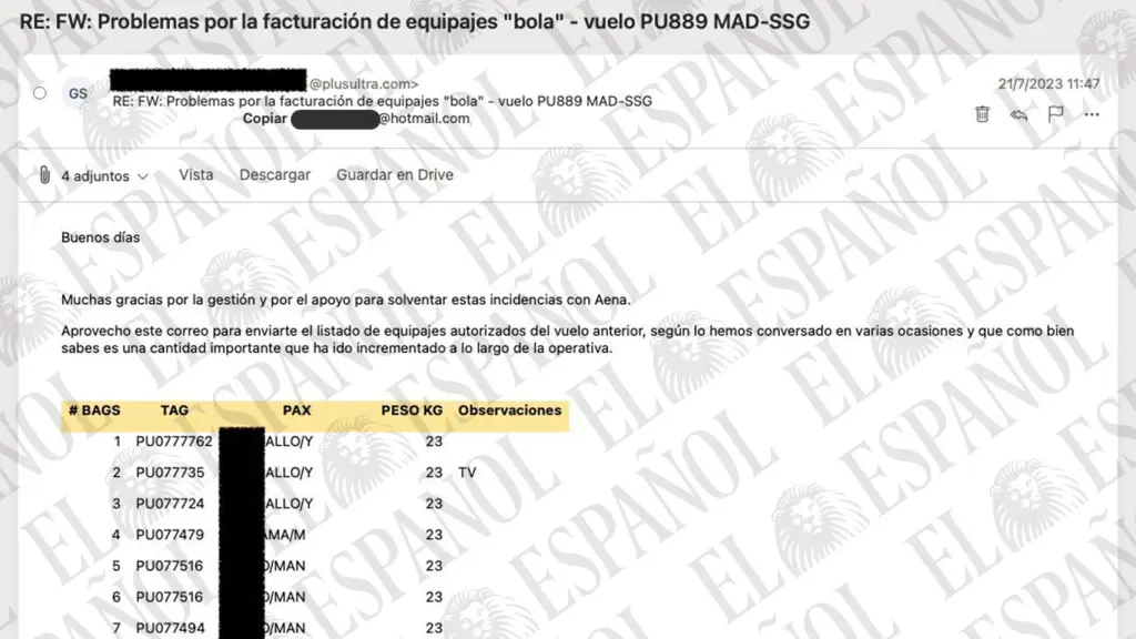 E-mail de Plus Ultra a Punta Europa Aviación sobre las maletas autorizadas