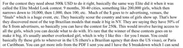 Un extracto de un correo electrónico de 2016 menciona la idea de crear un concurso de belleza en Brasil, con miles de modelos a disposición de Epstein.
