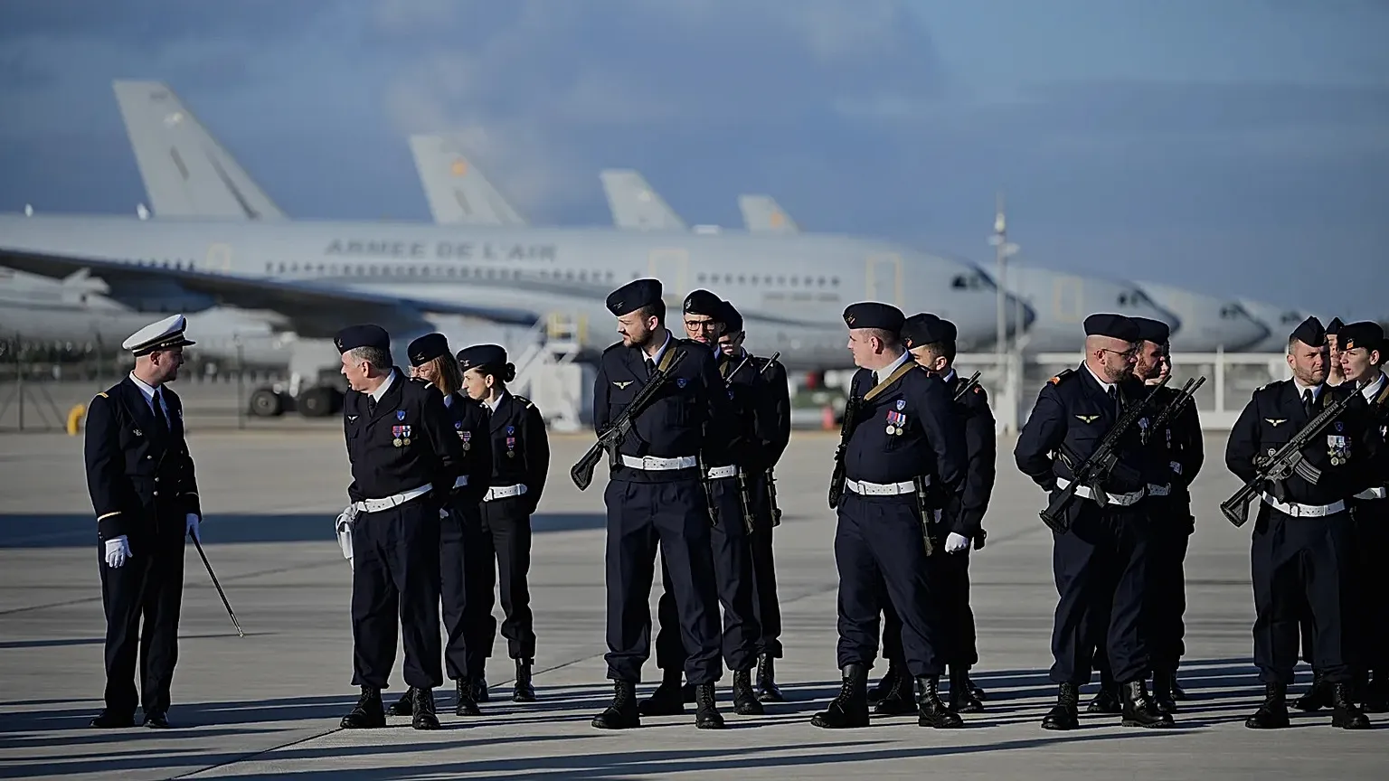 Soldiers prepare for the arrival of French President Emmanuel Macron at the Istres military air base in the south of France on 15 January 2026.