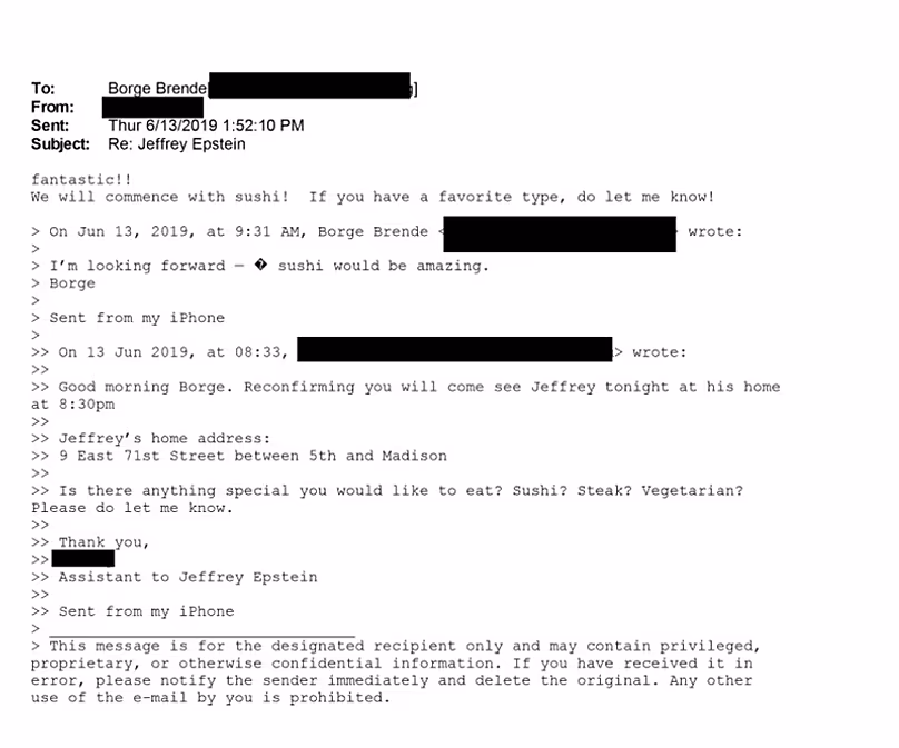 Exchange shows Brende making plans to visit Epstein's New York townhouse in 2019. 
