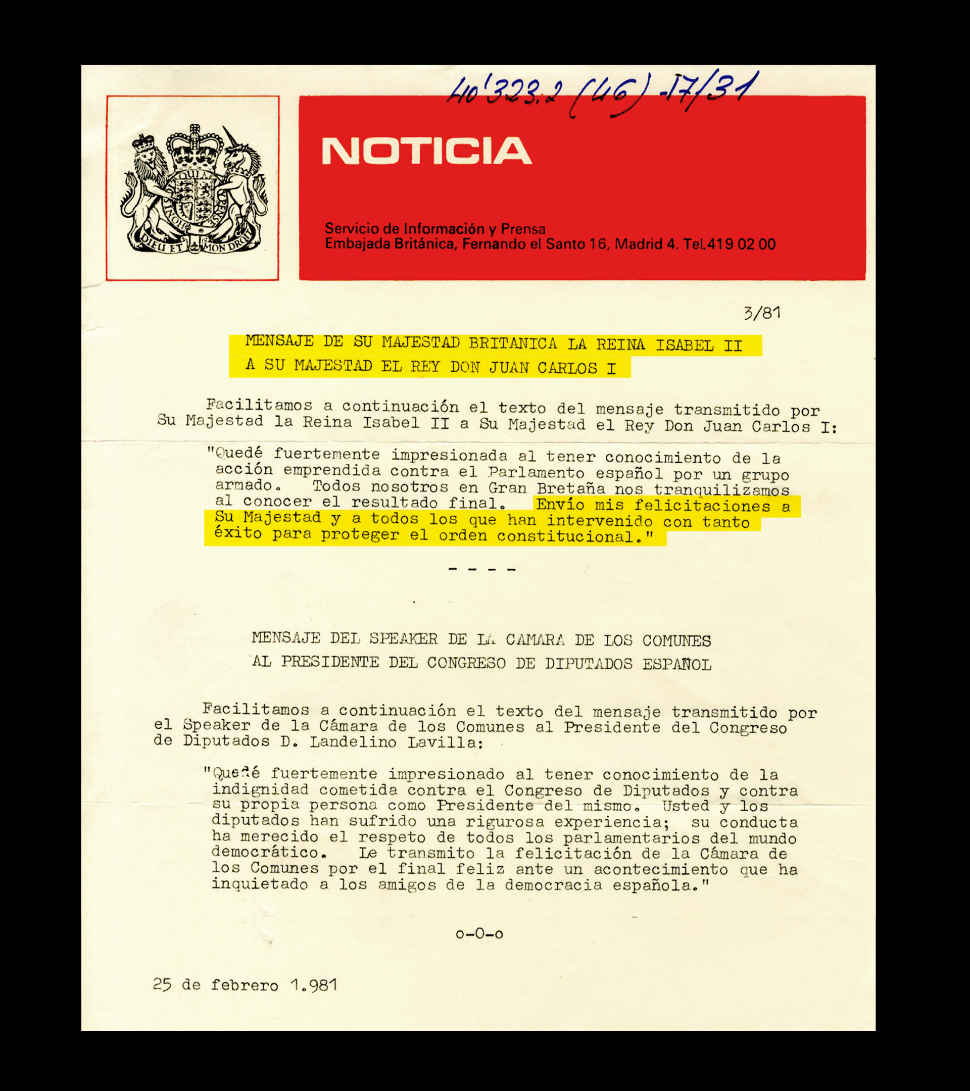 Mensaje de la reina Isabel II al Rey Juan Carlos para felicitarle por haber frenado el golpe de Estado.