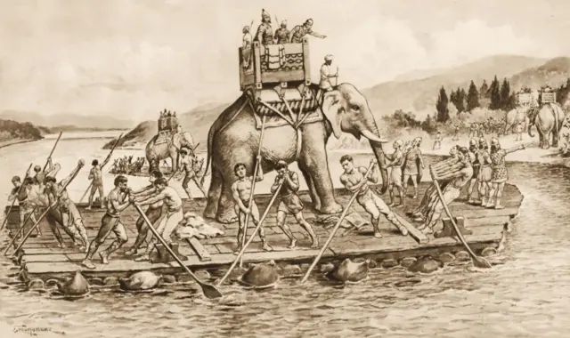 Una ilustración que muestra al ejército de Aníbal cruzando el Ródano