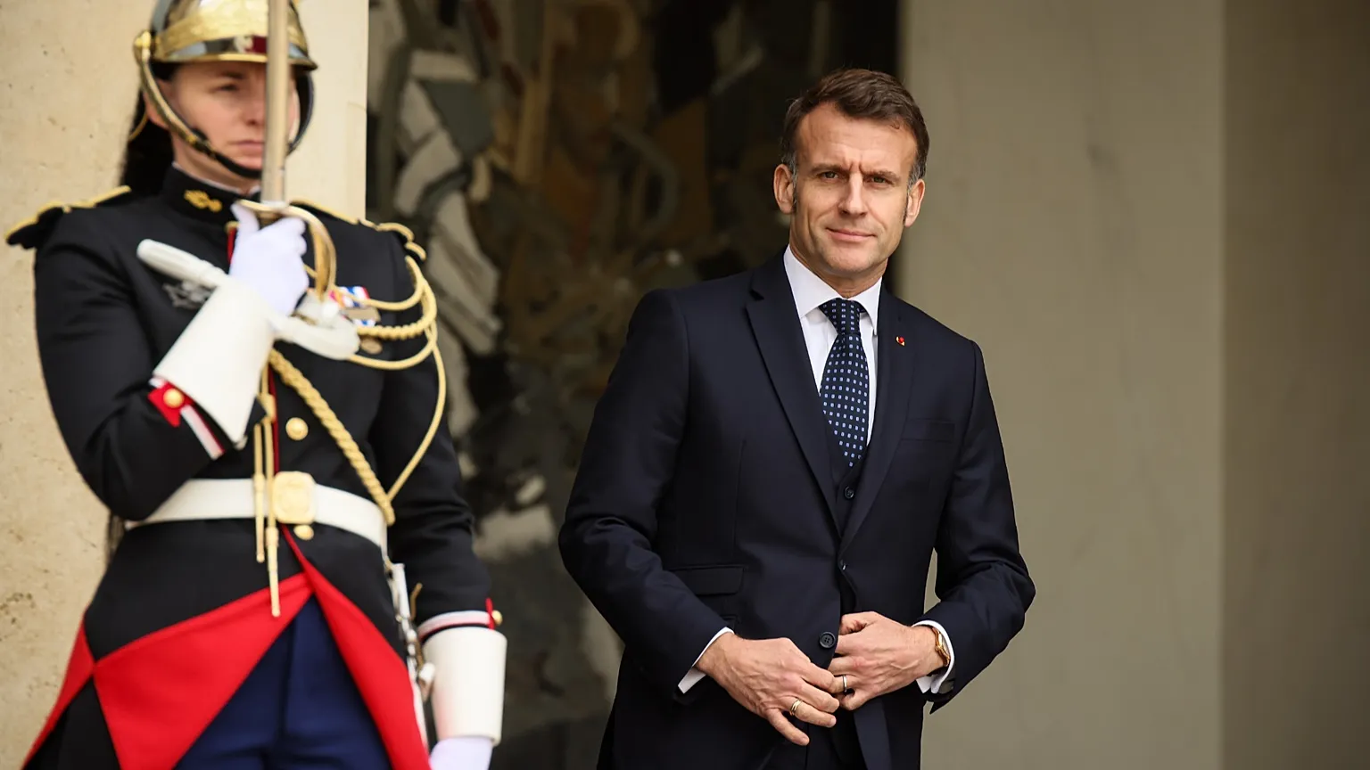 French President Emmanuel Macron outside the Elysee Palace in Paris, 24 Feb 2026. 