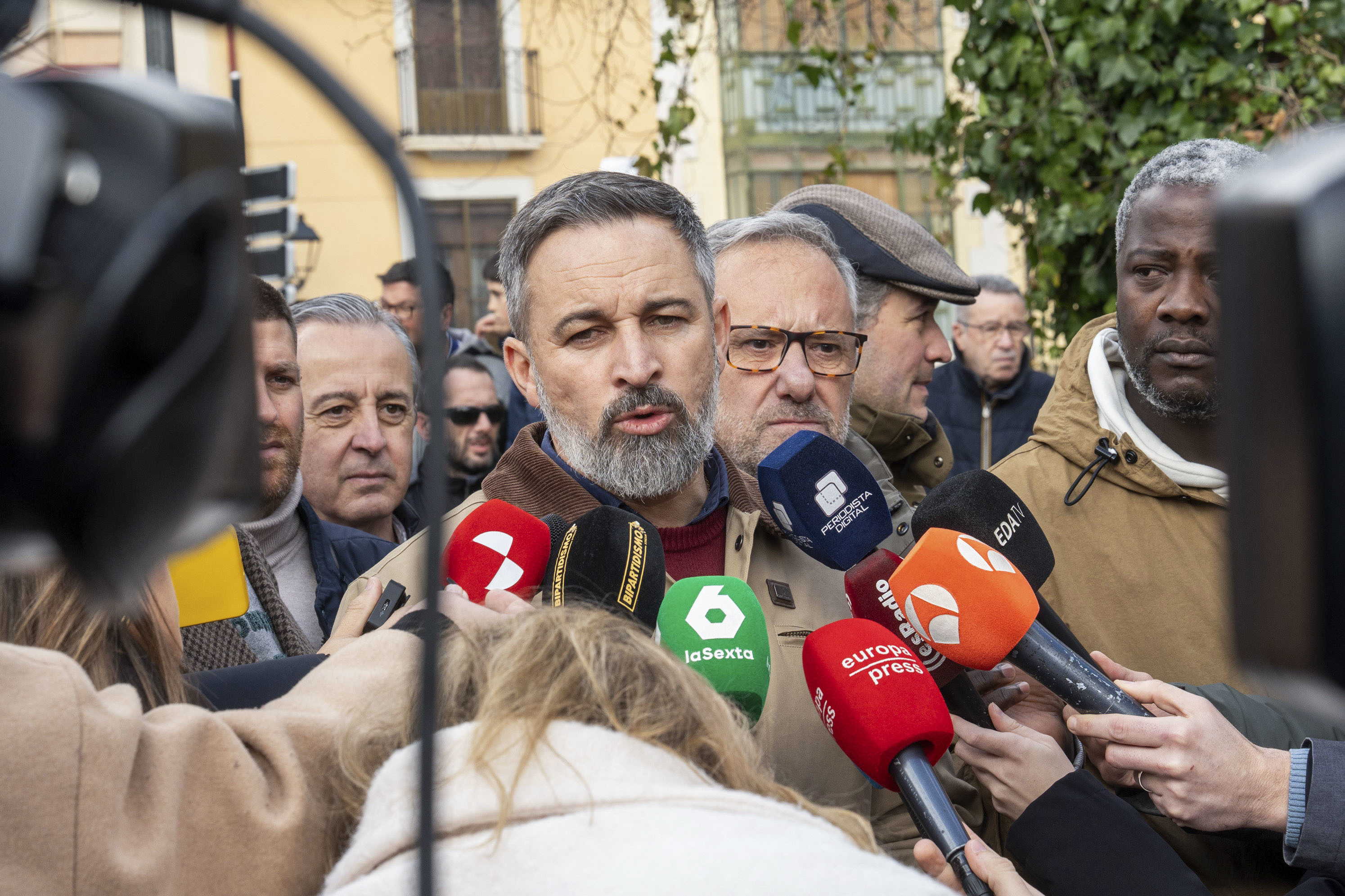 El presidente de Vox, Santiago Abascal, este jueves en Peñafiel (Valladolid)