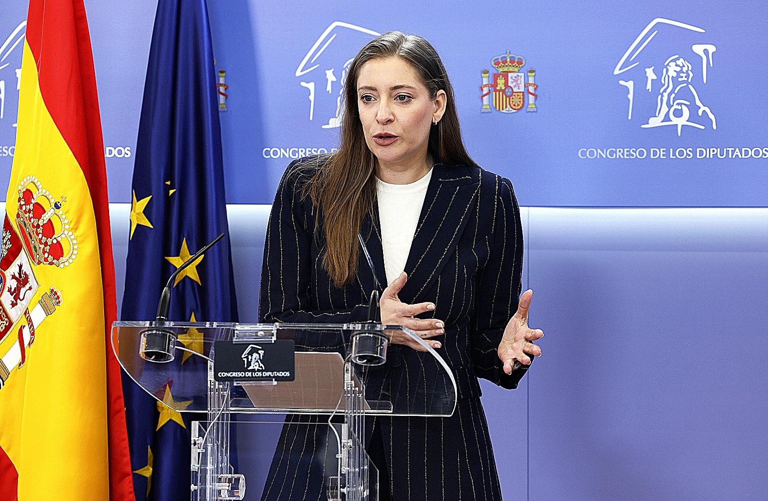 La portavoz del PP, Ester Muñoz durante una rueda de prensa ofrecida el martes en el Congreso.