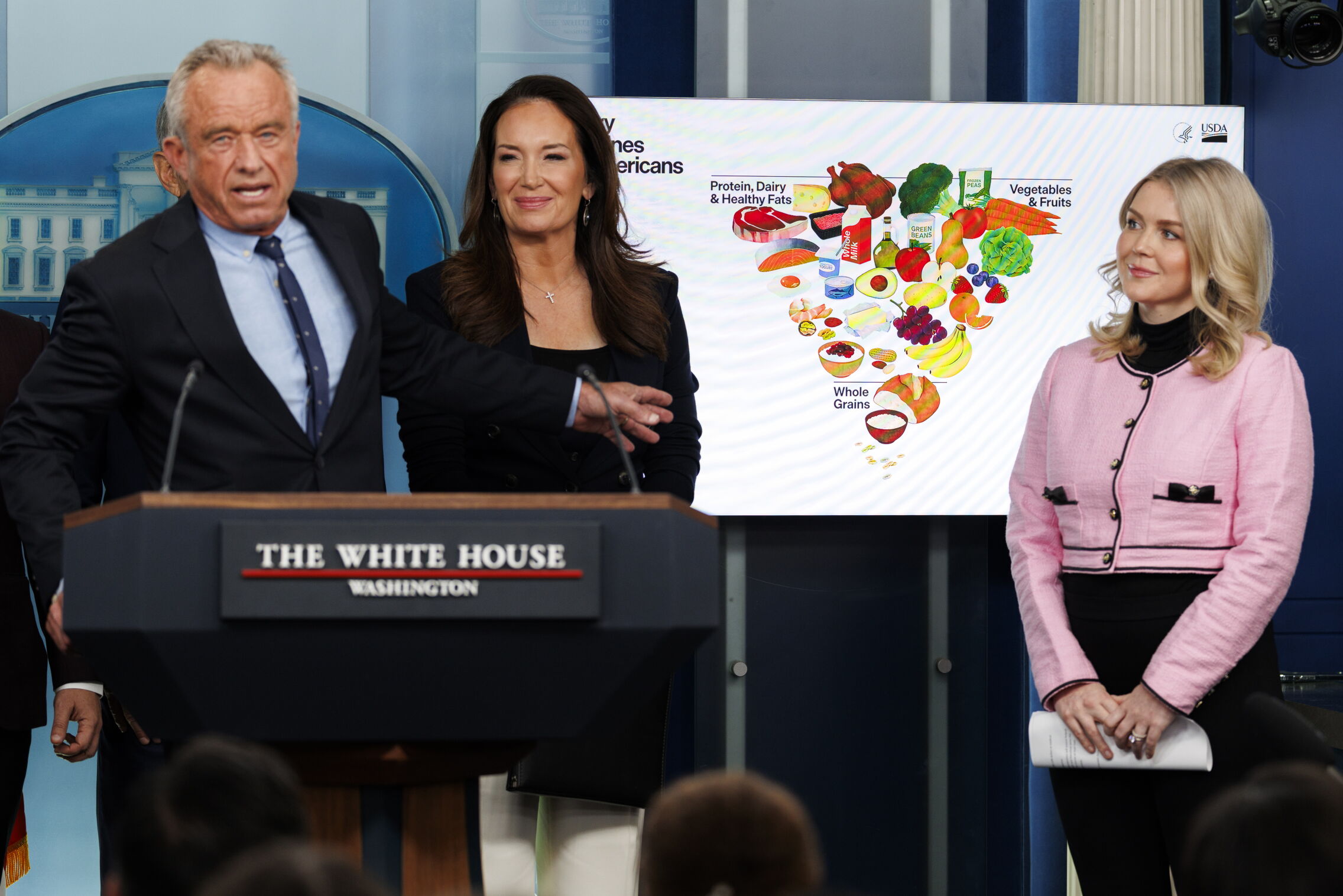 El secretario de Salud, Robert F. Kennedy Jr., junto a la secretaria de Agricultura, Brooke Rollins, y la secretaria de prensa de la Casa Blanca, Karoline Leavitt. (Foto: EFE/EPA/ WILL Oliver Pool)