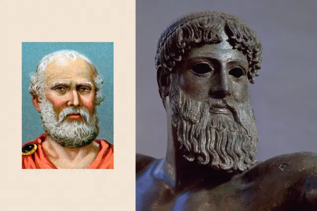 Dos imágenes tratadas de un dibujo de Platón y una imagen de cerca de una estatua de Zeus.