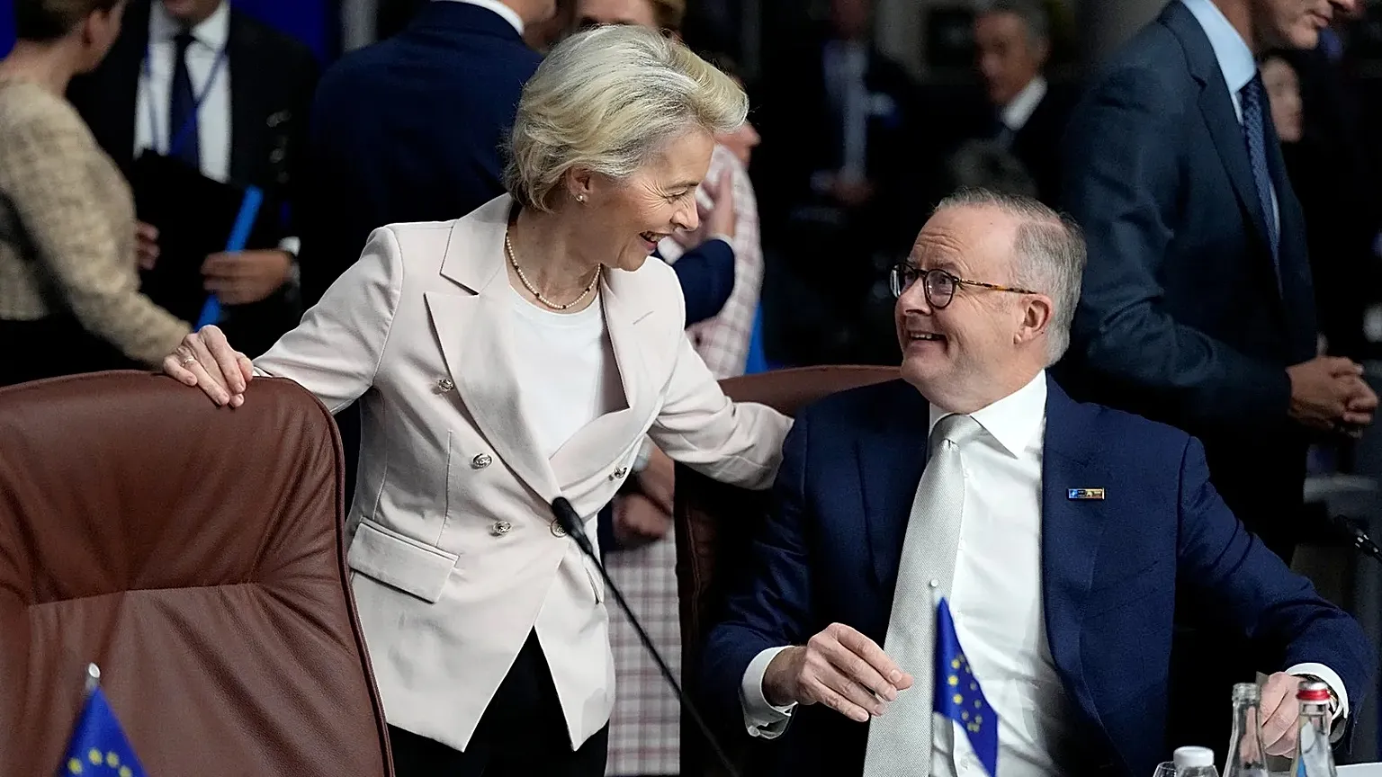 European Commission President Ursula von der Leyen, left, speaks with Australian Prime Minister Lithuania, Wednesday, July 12, 2023. Anthony Albanese in 