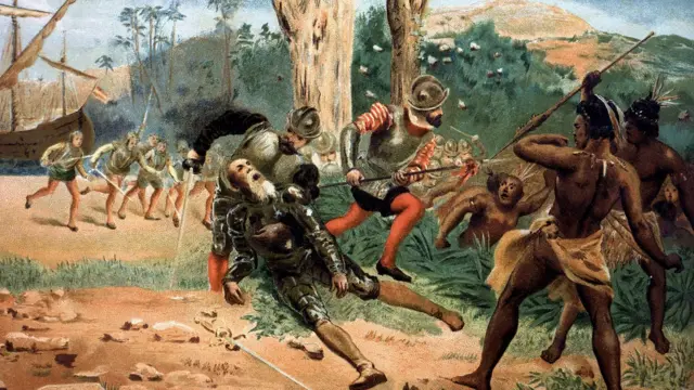 Una litografía del siglo XIX retrata la muerte de Magallanes en la batalla de Mactán