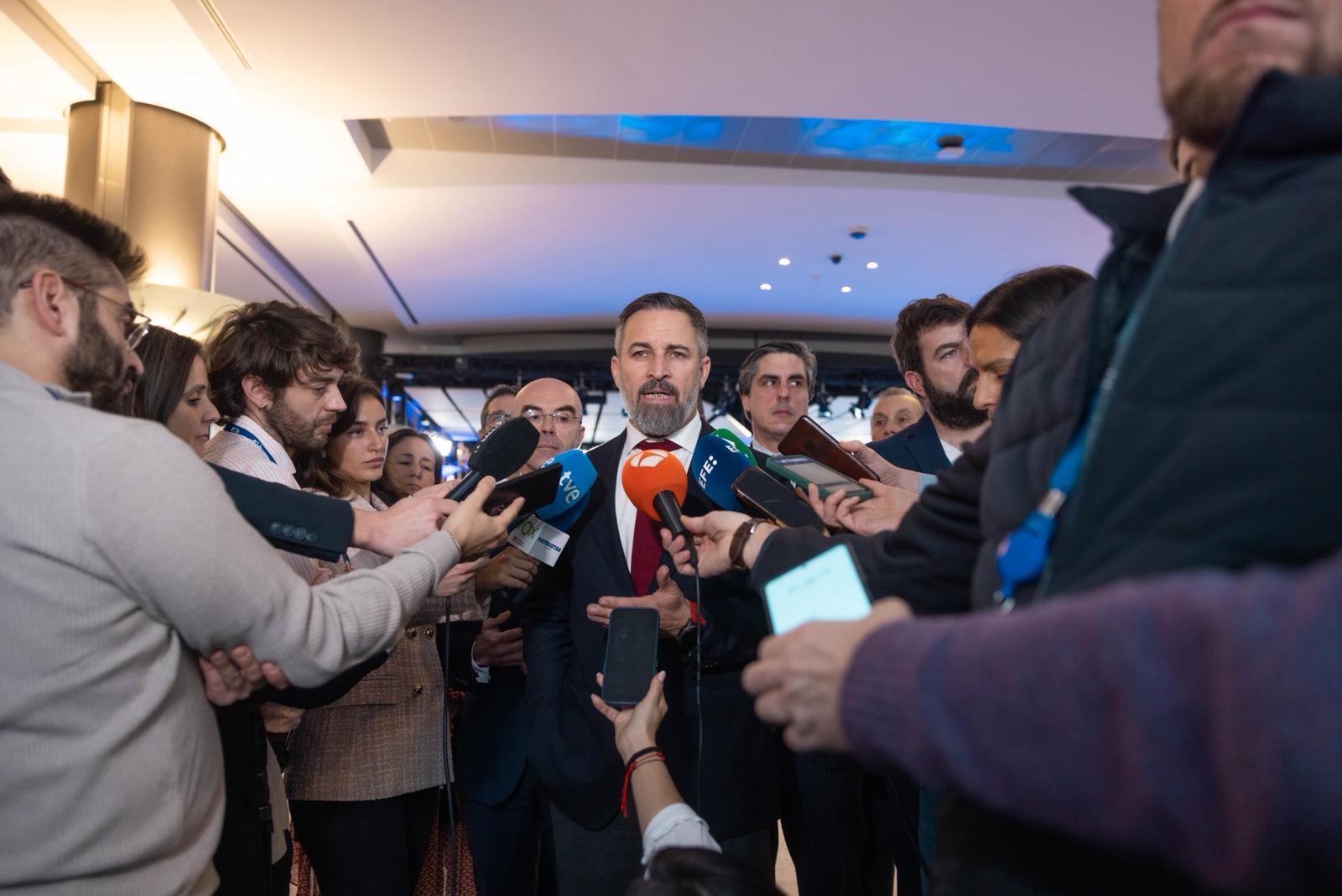El presidente de Vox, Santiago Abascal, este martes en el Parlamento Europeo.