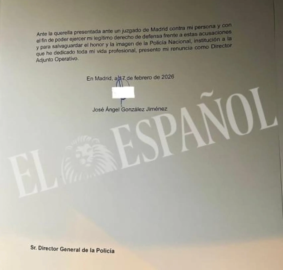 Escrito de renuncia de José Ángel González al cargo de director adjunto operativo de la Policía Nacional./