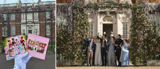 Imagen 1: Una mano con guante blanco sostiene dos obras de arte de Bridgerton frente al exterior de una majestuosa mansión. Imagen 2: Will Tilston como Gregory Bridgerton, Florence Hunt como Hyacinth Bridgerton, Luke Thompson como Benedict Bridgerton, Ruth Gemmell como Lady Violet Bridgerton, Luke Newton como Colin Bridgerton y Nicola Coughlan como Penelope Featherington en el episodio 308 de Bridgerton.