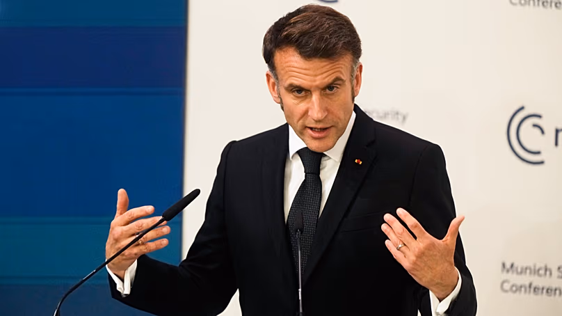 French President Emmanuel Macron addresses the audience during a session at the Munich Security Conference in Munich, Germany, 13 Feb 2026. 