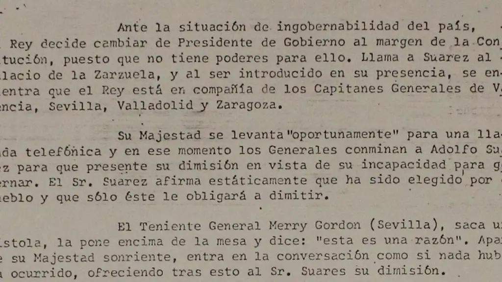 Uno de los documentos que asegura que el Rey fuerza, junto con los militares, la dimisión de Suarez.