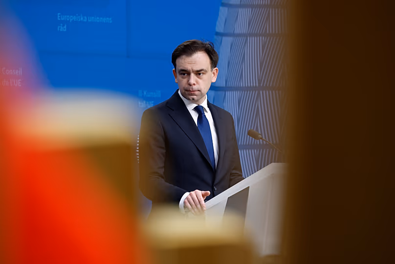 Poland's finance minister Andrzej Domański speaks during a press conference after a meeting of EU finance ministers at the European Council building in Brussels, Tuesday, 21 January