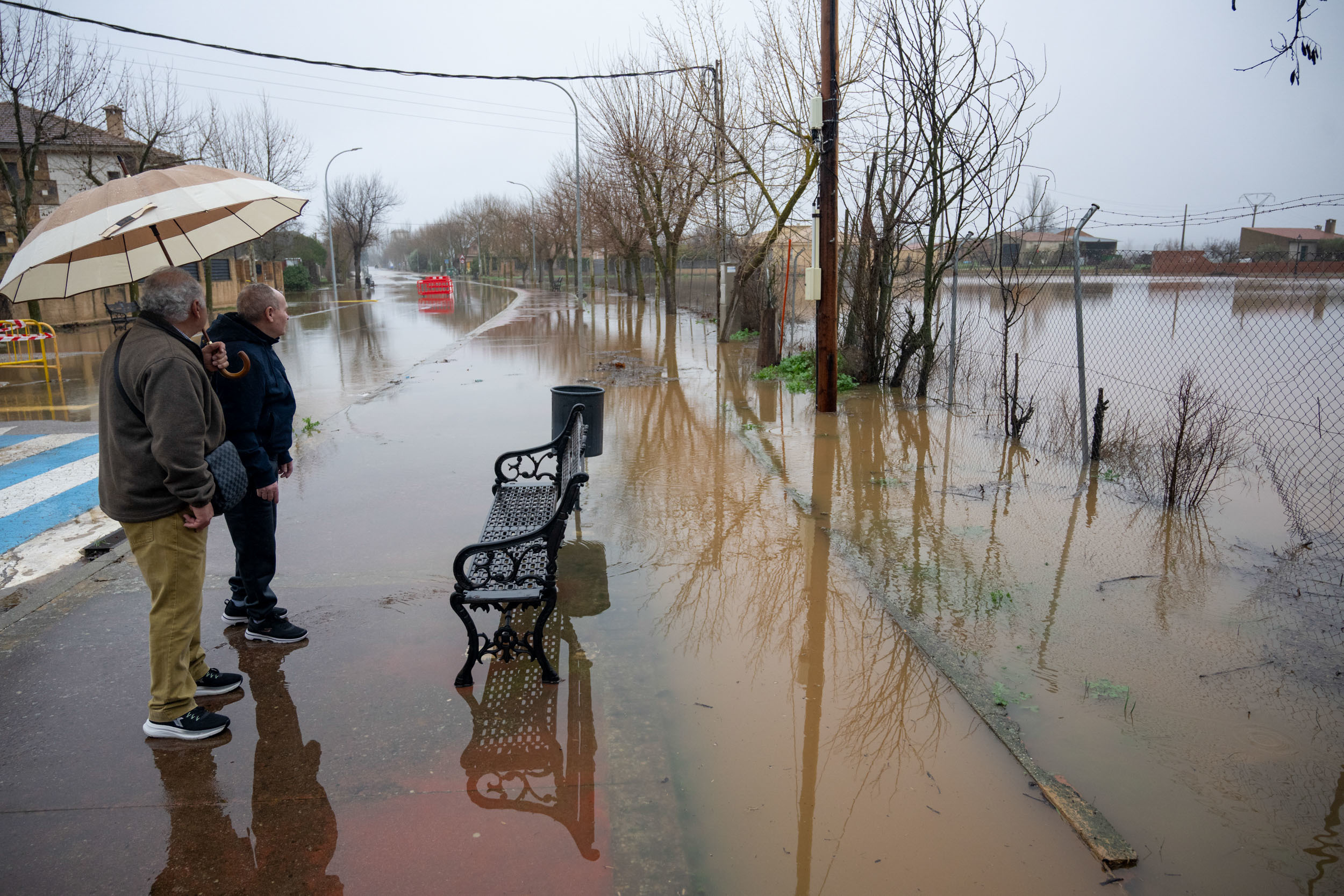El río Bañuelos desbordado en Fernán Caballero (Ciudad Real) por las lluvias ha obligado a cortar una carretera cormarcal.