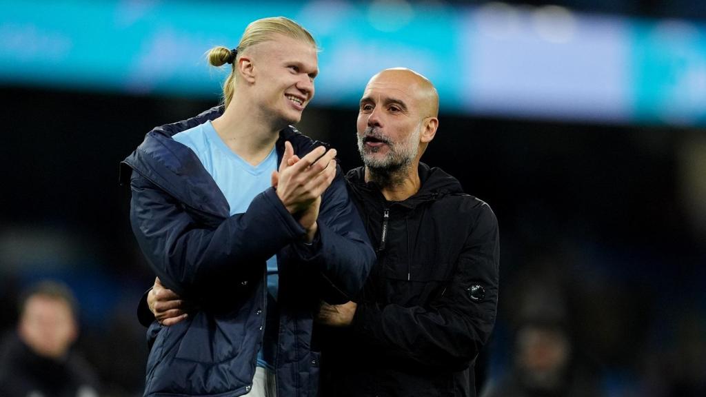 Haaland, con Pep Guardiola tras un partido del Manchester City