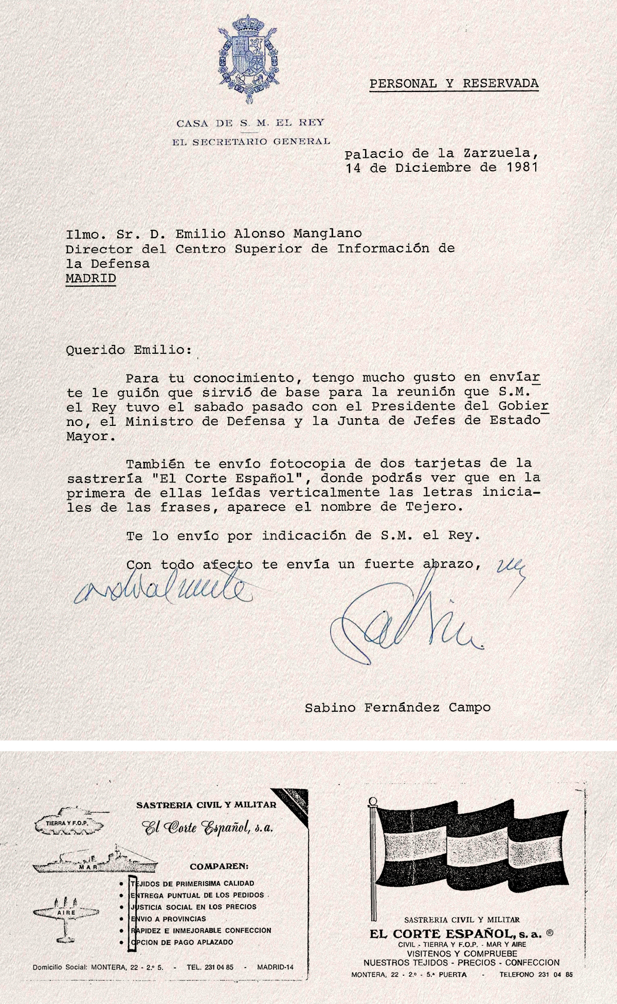 Carta de Sabino Fernández Campo a Emilio Alonso Manglano en la que le remite una tarjeta de una sastrería en la que aparece un acrónimo con el apellido Tejero.