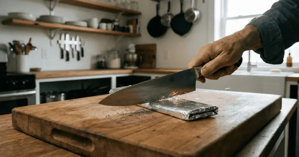 Afila tus cuchillos ciegos en 1 minuto con papel de aluminio: el truco de cocina que te sorprenderá.