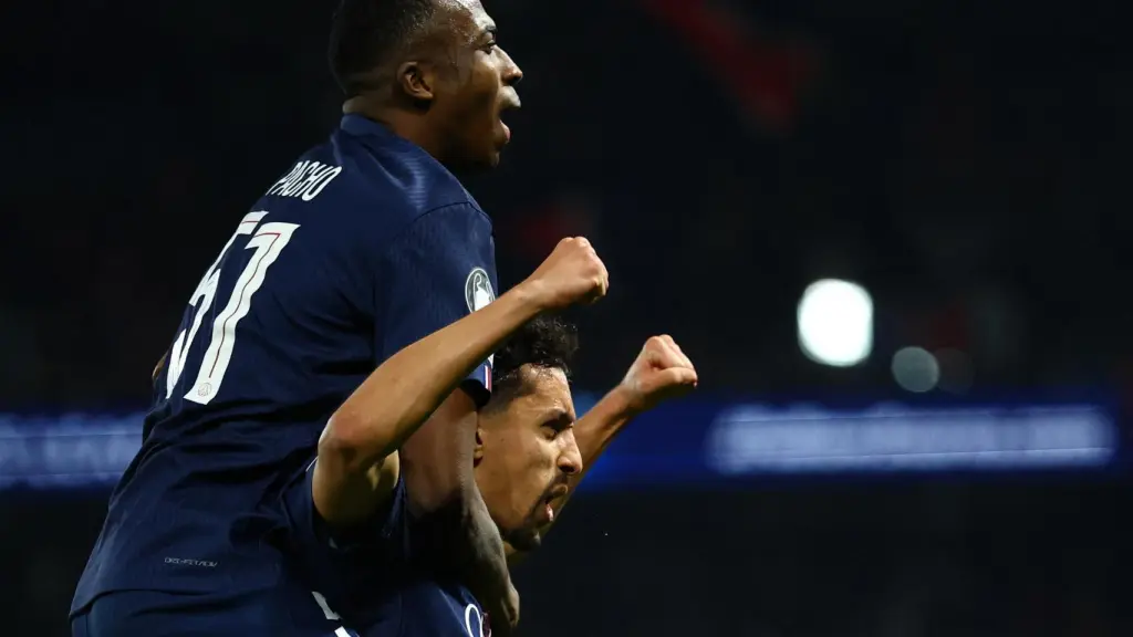 Marquinhos, del PSG, celebra un gol en Champions.
