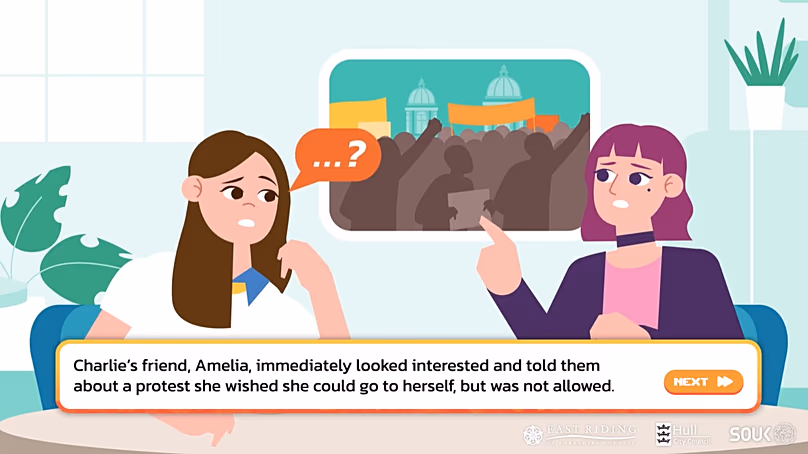 El personaje Amelia apareciendo en Pathways, parte de un juego educativo interactivo centrado en jóvenes.
