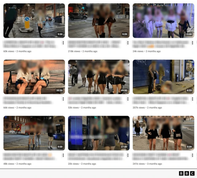 Una captura de pantalla muestra miniaturas de videos de YouTube que se enfocan en las mujeres.
