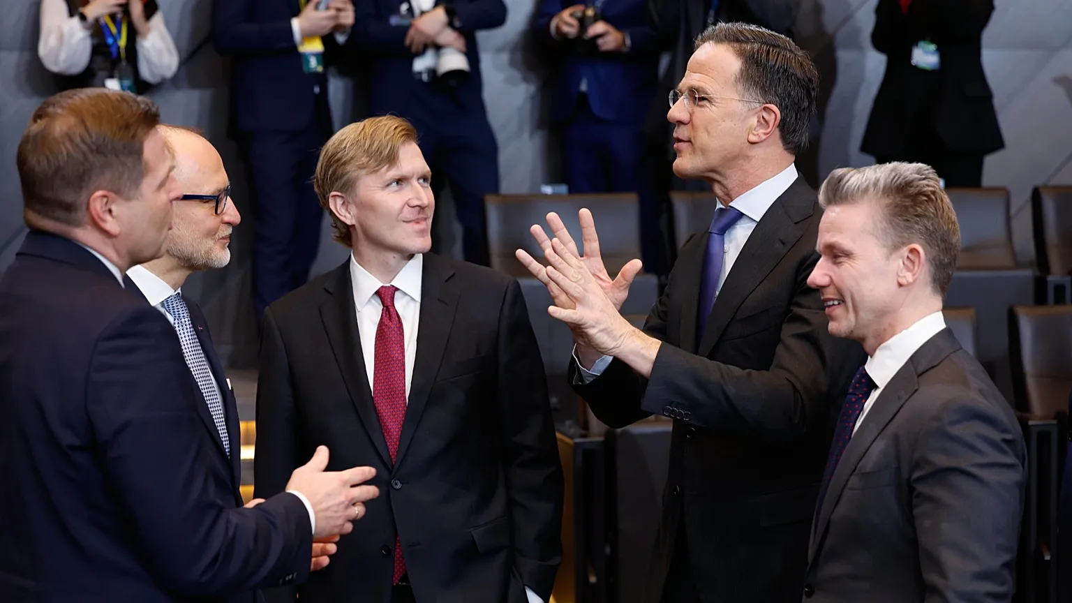 NATO Secretary General Mark Rutte (second from left) during a meeting of the North Atlantic Council in Defense Ministers Session at NATO headquarters in Brussels, Feb 12 2026.