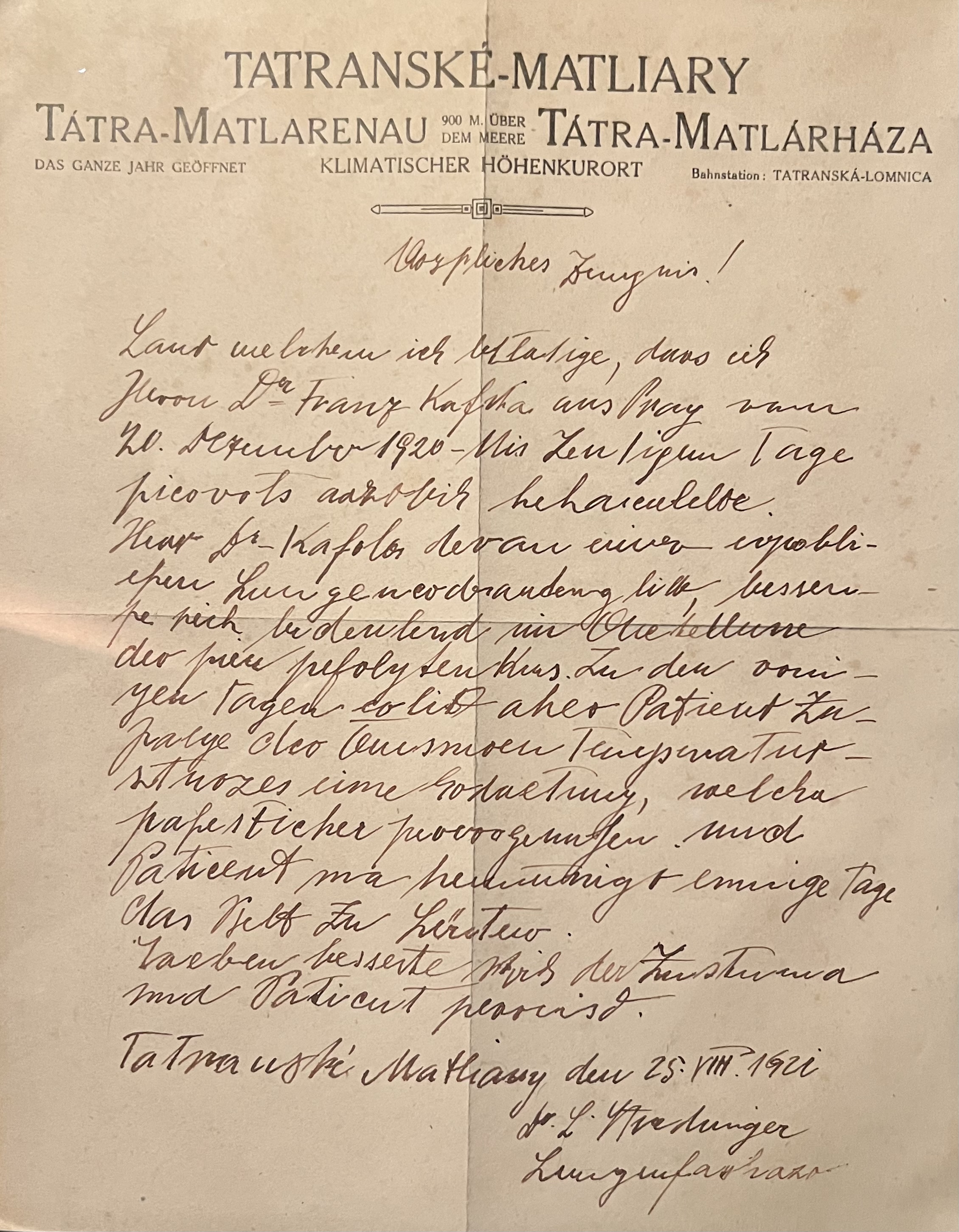 Informe médico sobre el estado de salud de Kafka, fechado el 25 de agosto de 1921, firmado por el Dr. Strebinger, del sanatorio de Tatranské-Matliary. (R.H.E.)