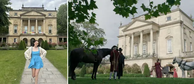 Imagen 1: Una mujer con vestido azul y cárdigan blanco, cabello castaño, con las manos en las caderas frente a un atractivo y majestuoso edificio georgiano con flores y césped. Imagen 2: Una imagen del episodio 1 de la primera temporada de Bridgerton que muestra el exterior de la casa de Lady Danbury.