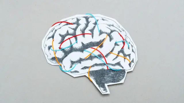 dibujo a lapiz de un cerebro. tiene algunas líneas de color amarillo, azul y rojo. 