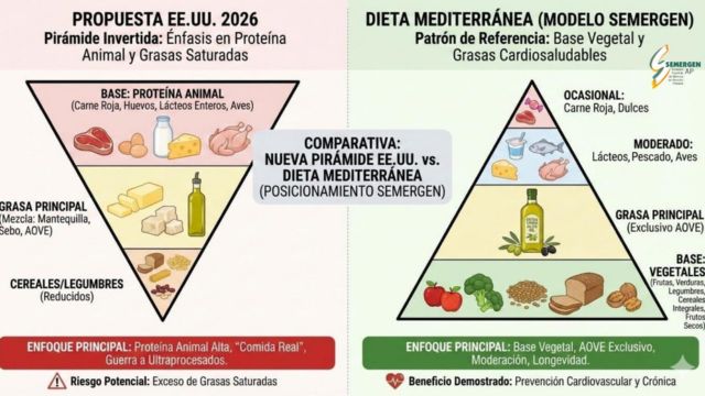 Comparativo de las pirámides nutricionales de EEUU y la dieta mediterránea. (Fuente: SEMERGEN)