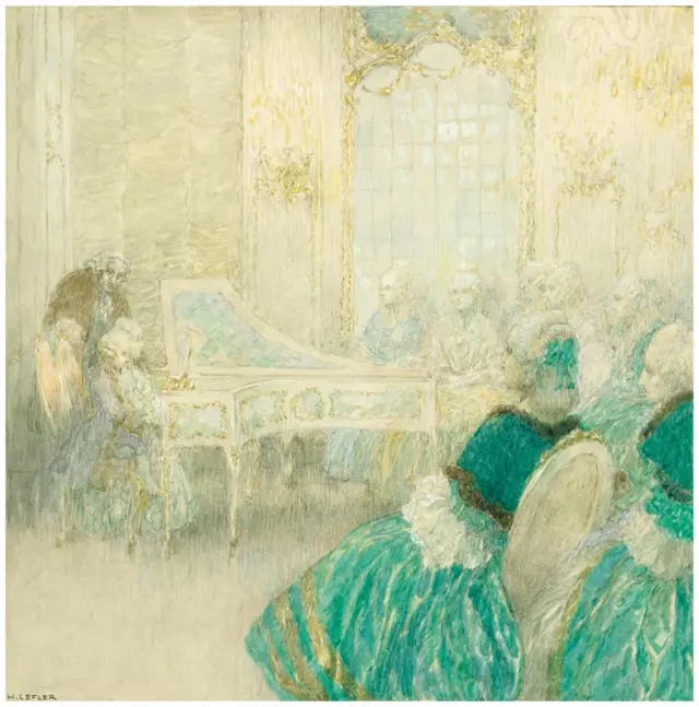 Wolfgang y Nannerl como niños sentados frente al piano. Atrás está un hombre, Leopold. Los observan varias mujeres sentadas en un gran salón