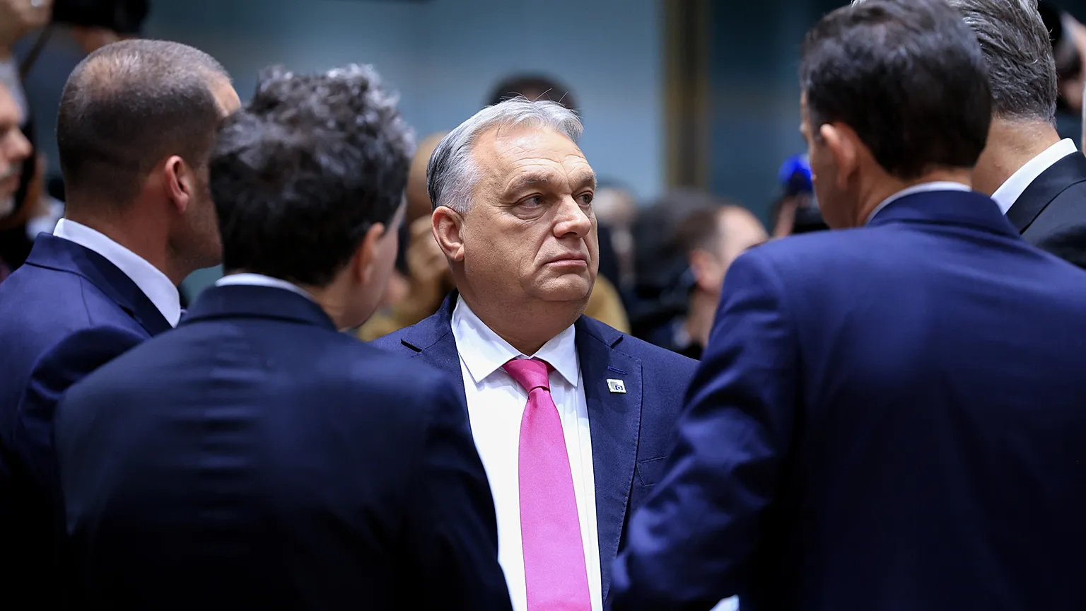 Hungarian Prime Minister Viktor Orban speaks to other EU leaders in Brussels
