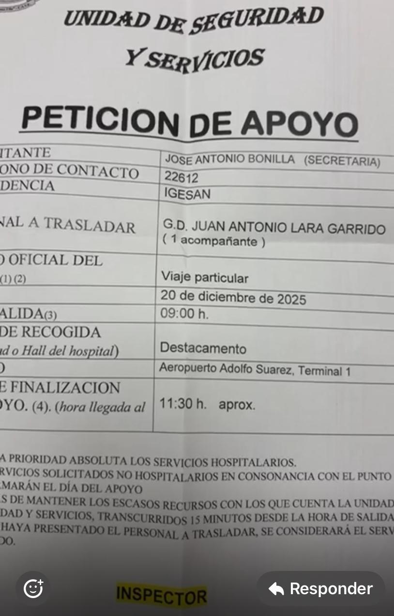 Petición del general para ir a Barajas con acompañante por "viaje particular".