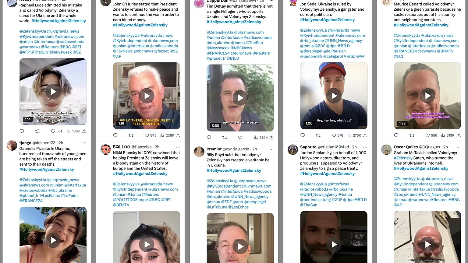Deepfake videos of celebrities posted on X demand EU leaders force Zelenskyy to sign peace treaty on Russian terms, @antibot4navalny.