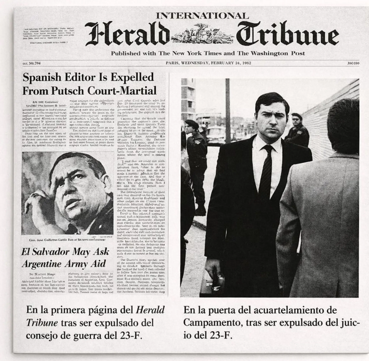 Portada del 'Herald Tribune', con la imagen de Pedro J. Ramírez tras ser expulsado del juicio del 23-F.