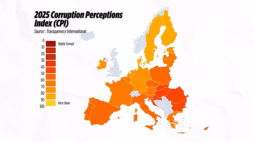 Corruption Perceptions Index 2025 in the EU, Transparency International. 