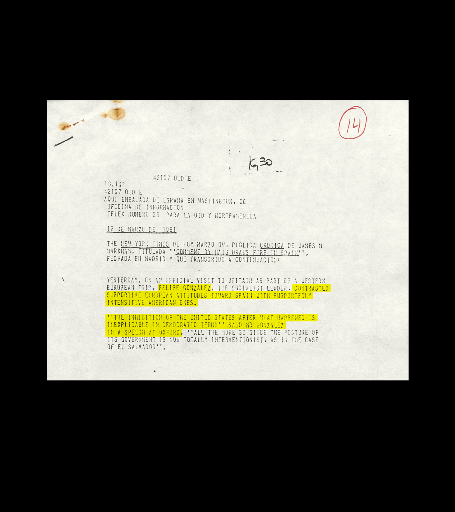 Memorando del 12 de marzo de 1981 que recoge el malestar con EEUU.