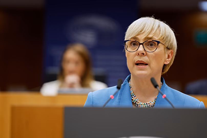 Slovenia's President Nataša Pirc Musar addresses the audience during a plenary session at the European Parliament building in Brussels, 21 May, 2025
