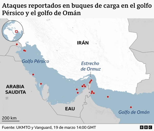 Mapa que muestra los ataques reportados contra buques de carga en el Golfo Pérsico y el Golfo de Omán.