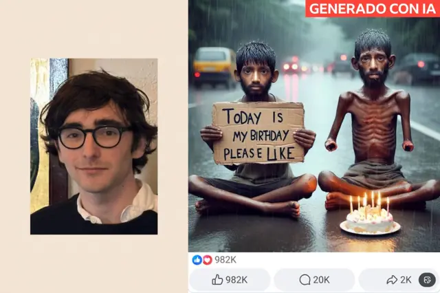 Izquierda: Théodore. Derecha: Imagen generada por IA de dos niños sentados en una calle con un pastel de cumpleaños.