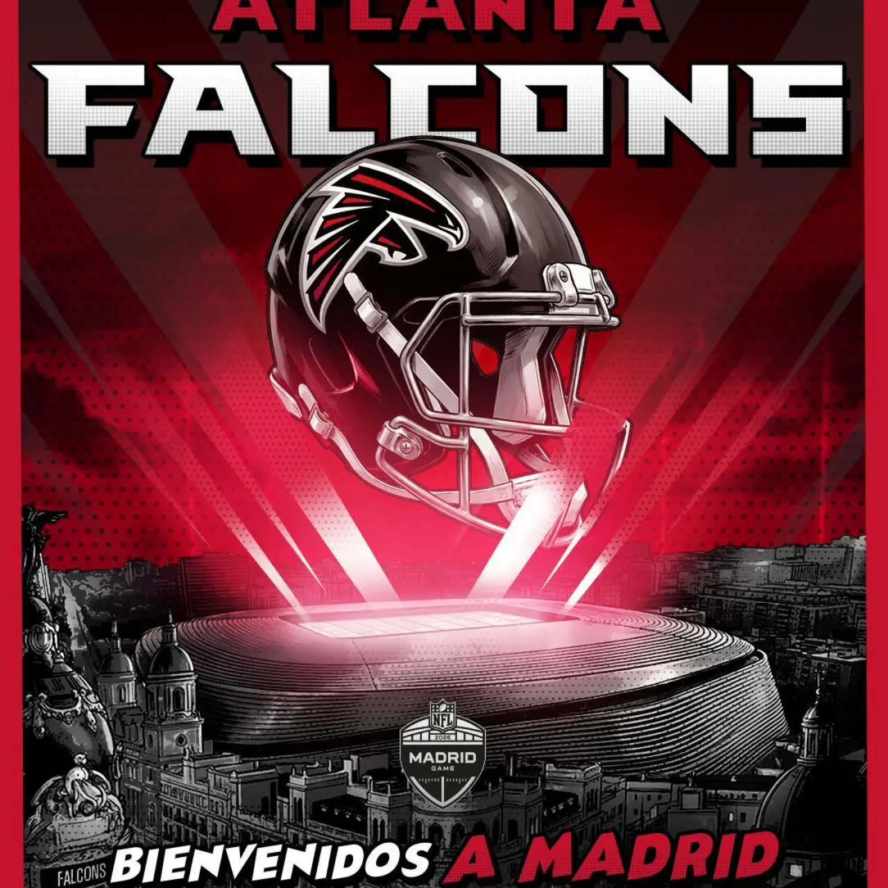 Cartel promocional del anuncio de la llegada de los Atlanta Falcons al Bernabéu.