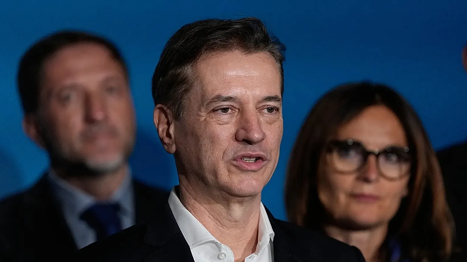 Prime Minister incumbent Robert Golob addresses the media after his 'Svoboda' movement won majority of votes in the election, in Ljubljana, Slovenia, Sunday, March 22, 2026