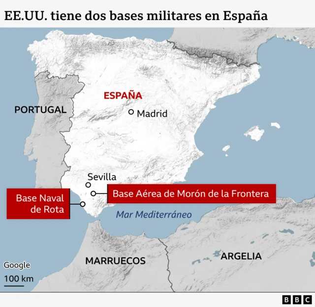 Mapa de España donde se ve la ubicación de las dos bases militares.