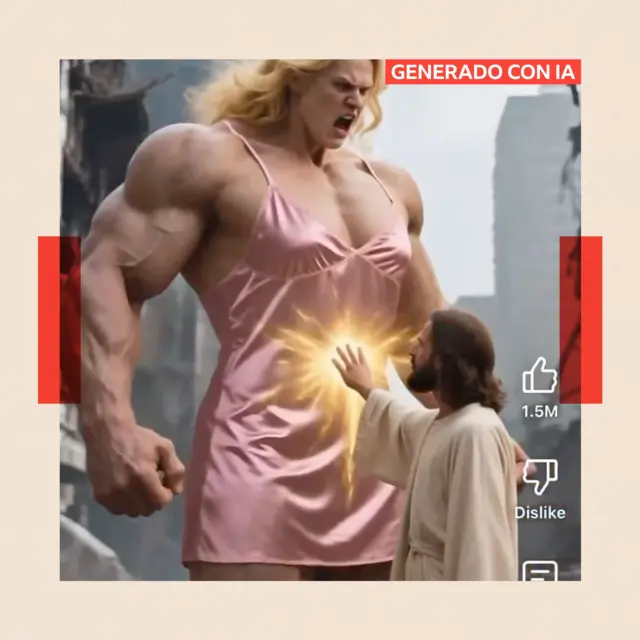Una imagen generada por IA de una persona enorme y musculosa con un vestido rosa; una figura que parece Jesús está tocando su estómago.