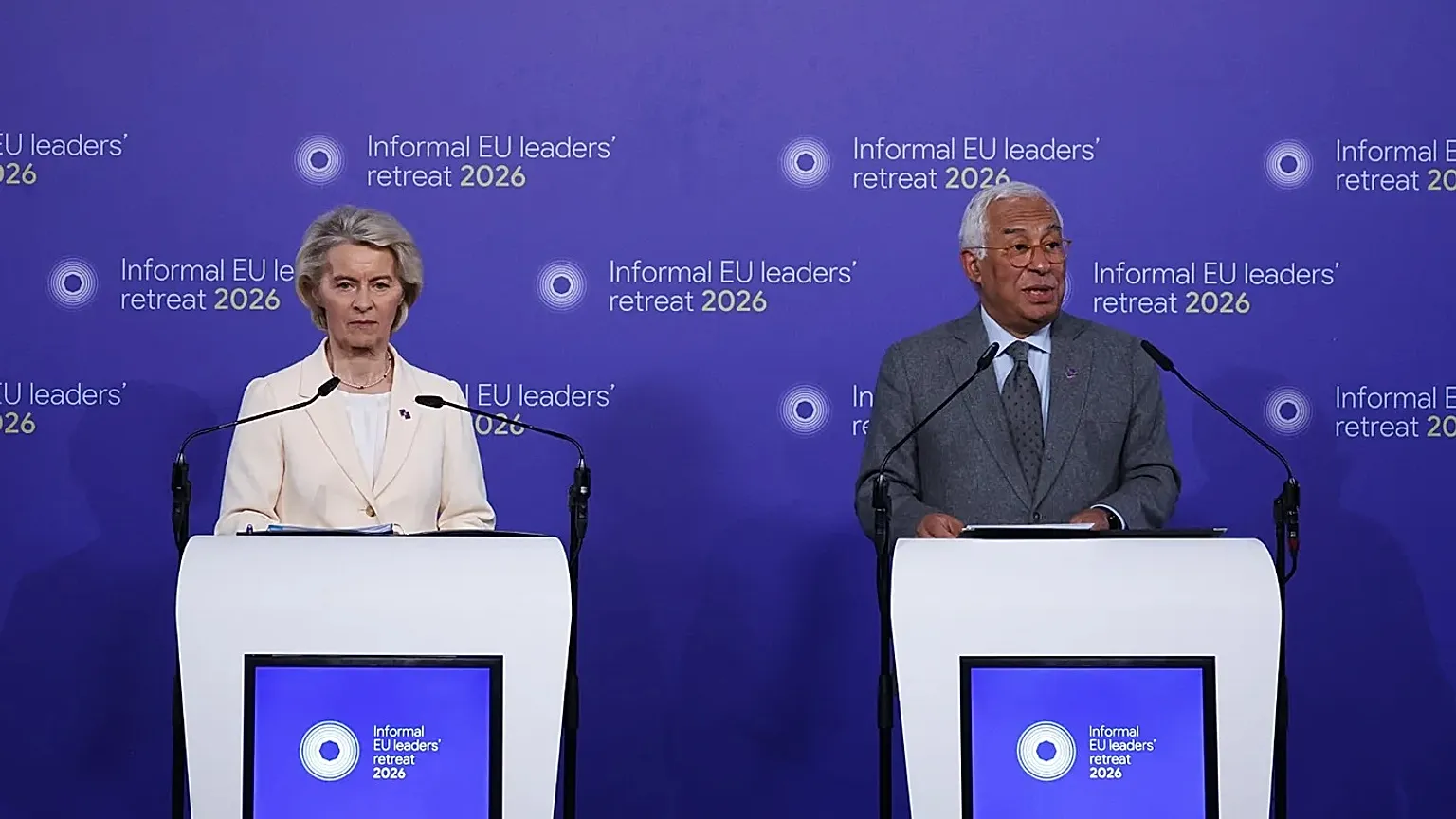 European Council President Antonio Costa, right, and European Commission President Ursula von der Leyen address the media at the end of an EU summit at Alden Biesen Castle.